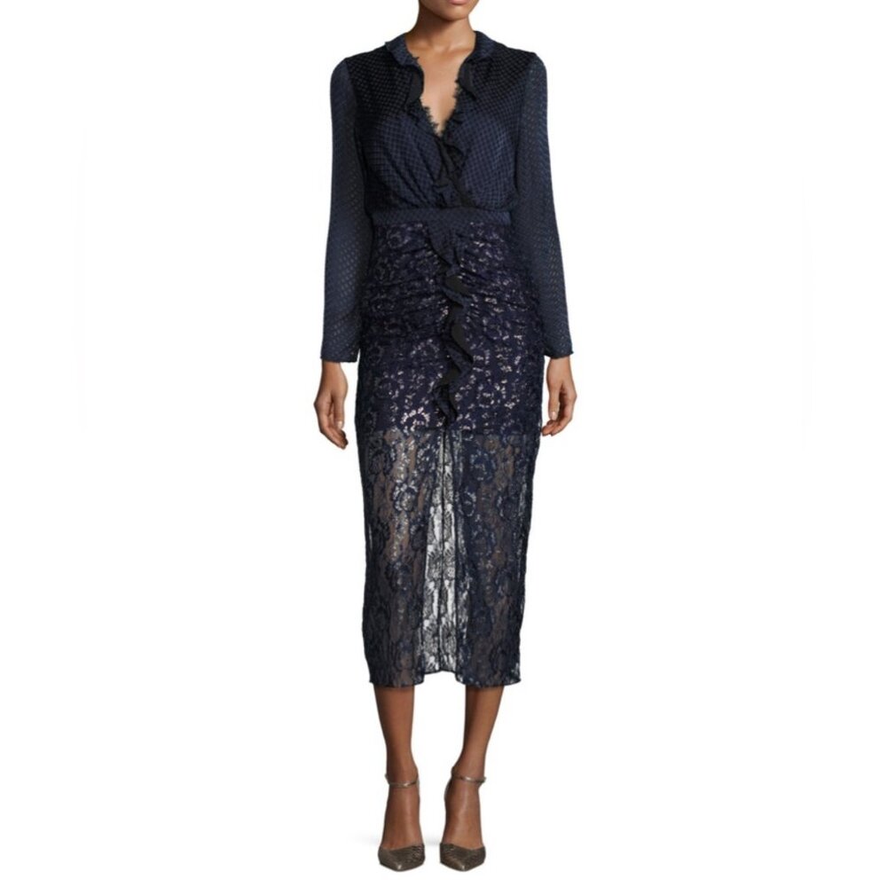 SALONI Yana Dress in Blue Navy, Black & Gold  Sz 4